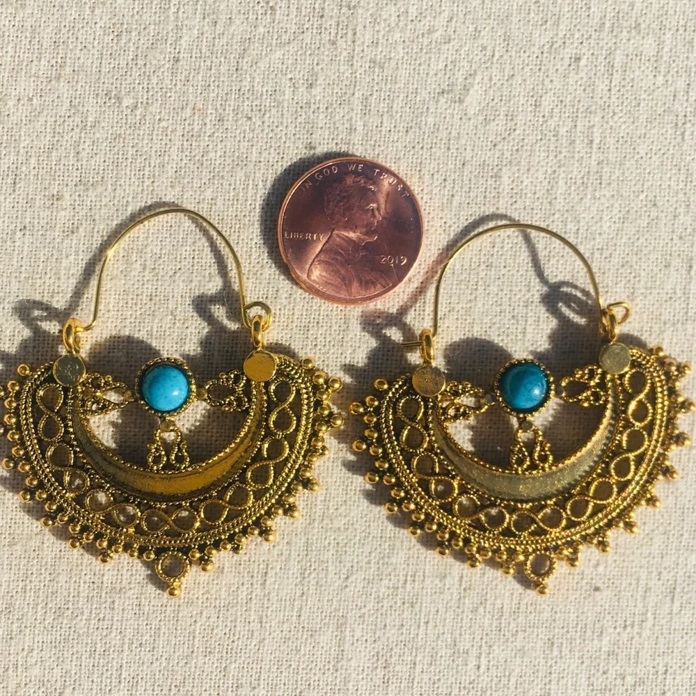 ::⚜️Exotic Bohemia Turquoise+Gold Hoop Earrings - Picture 3 of 6